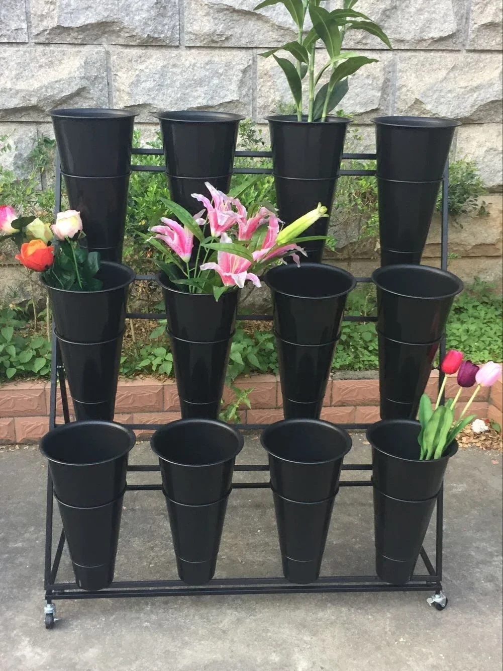 Multi story movable flower racks in largeshops, iron racks racks,  bucket display racks in