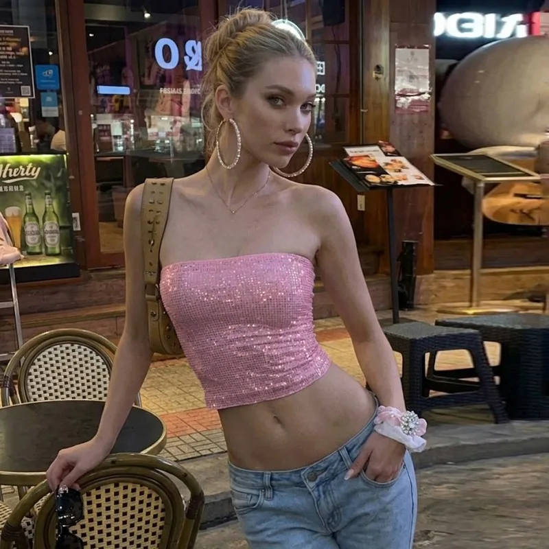 

Tsiisd Sexy Pink Rhinestone Crop Top Women Summer Sparkly Tops Sleeveless Slim Backless Party Clubwear Streetwear Women's Tanks