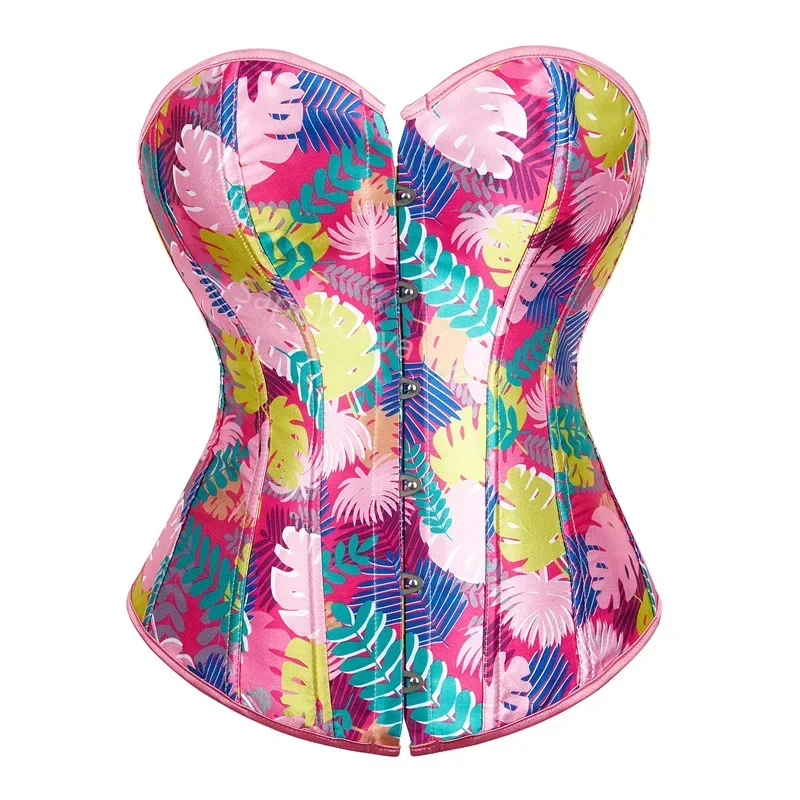 

Women Corset Leaf Printed Overbust Bustier Top Vintage Corselet