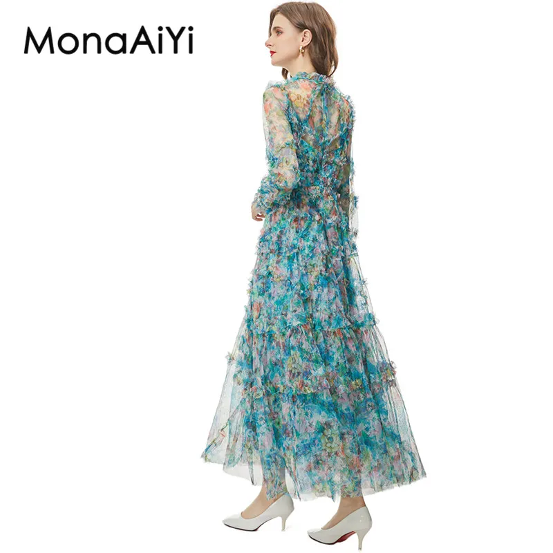 MonaAiYi New Fashion Runway Designer Women\'s Spring And Summer  Long Sleeved Wooden Ear Edge Printed Green Sheer Dress