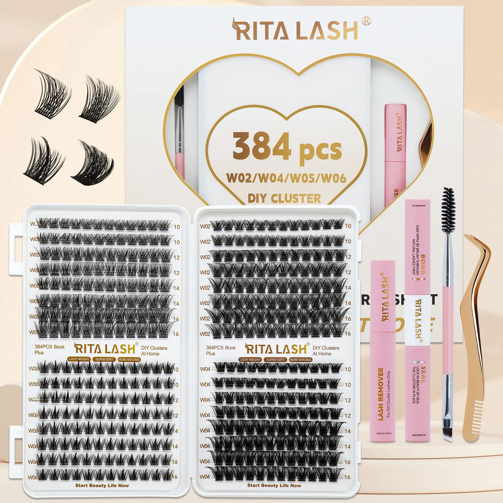 

RITA Lash 384PCS D Curl Extension Kit Lash Clusters DIY Eyelash Extension Kit with 10-16mm Individual Lashes Lash Bond & Seal an