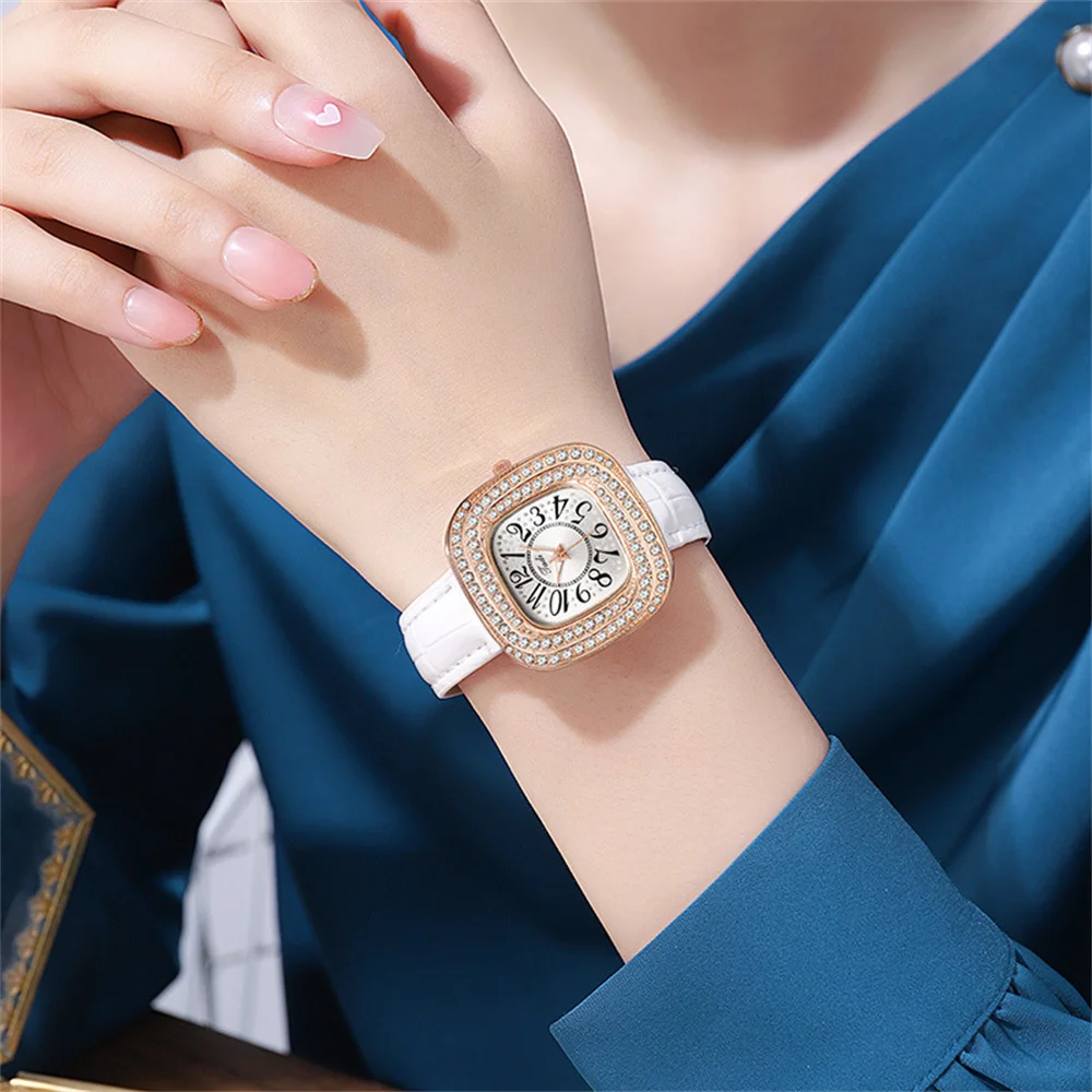 Fashion Full Star Luxury Ladies Square Arabic Numerals Quartz Watch Casual Green Leather Women's Gift Clock Wristwatch