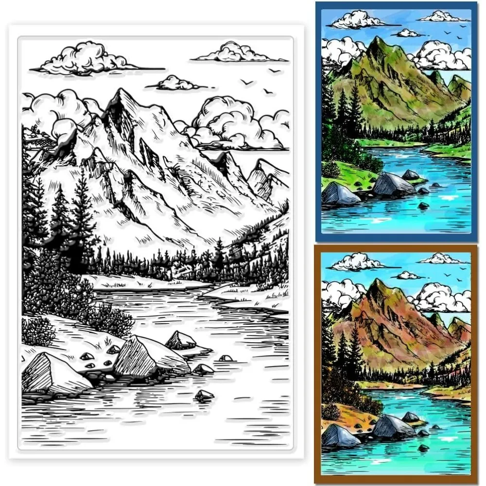 Mountain Landscape Background Clear Stamps for Cards Making River Forest Clear Stamp Seals Transparent Stamps for DIY Scrapbook