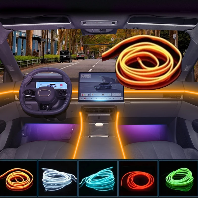 

Светодиодная лента RGB для салона автомобиля, 2/3/4/5 м, оптоволокно USB, управление через приложение, скрытая установка, атмосфера