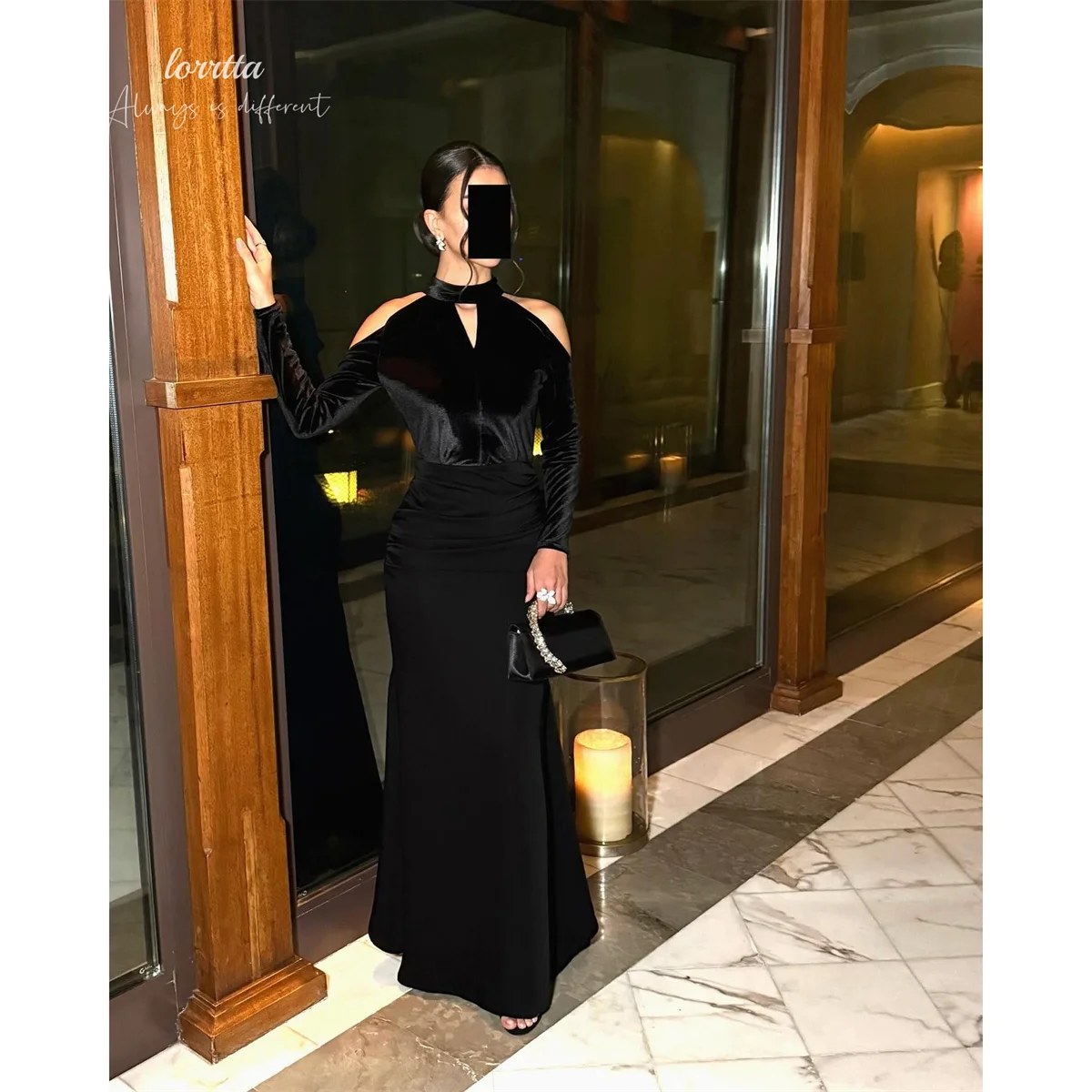 Lorrtta Black Formal Evening Gown Mermaid High Long Sleeve Velvet Ruched Waist Luxurious Bodice Keyhole Cutout Customized