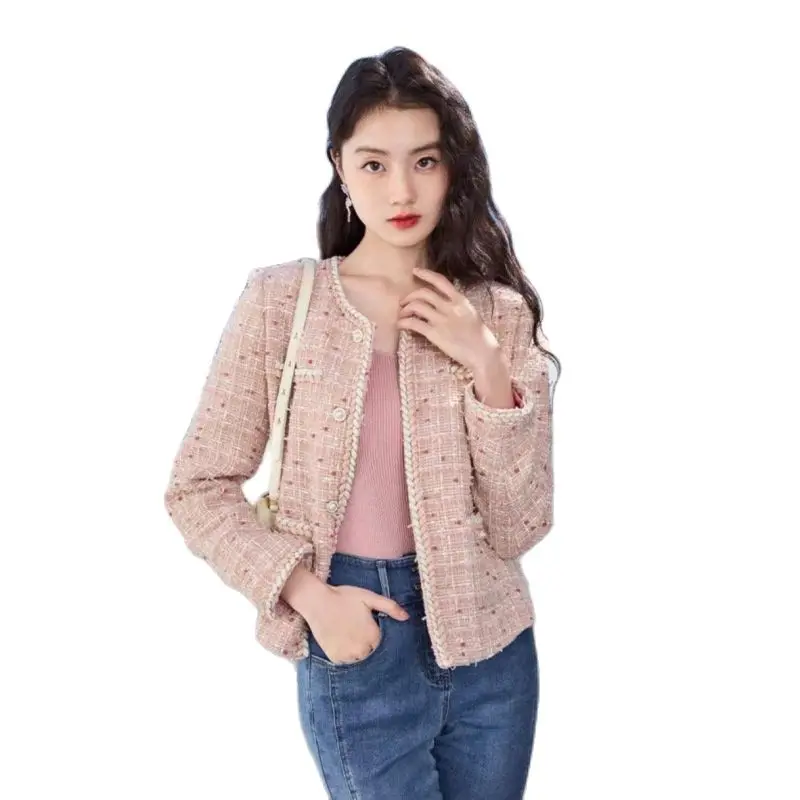 

2023 Female O-Neck Pocket Cropped Jacket Business Elegant Runway Women's Pink Fragrant Short Tweed Coat