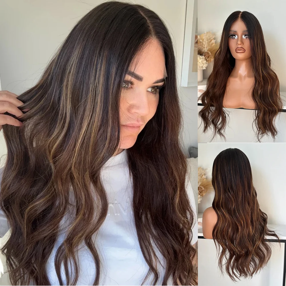 Brown Highlight Wig Long Body Wave Lace Front Wigs Glueless Synthetic High Quality PrePlucked Natural Hairline Free Part Cosplay