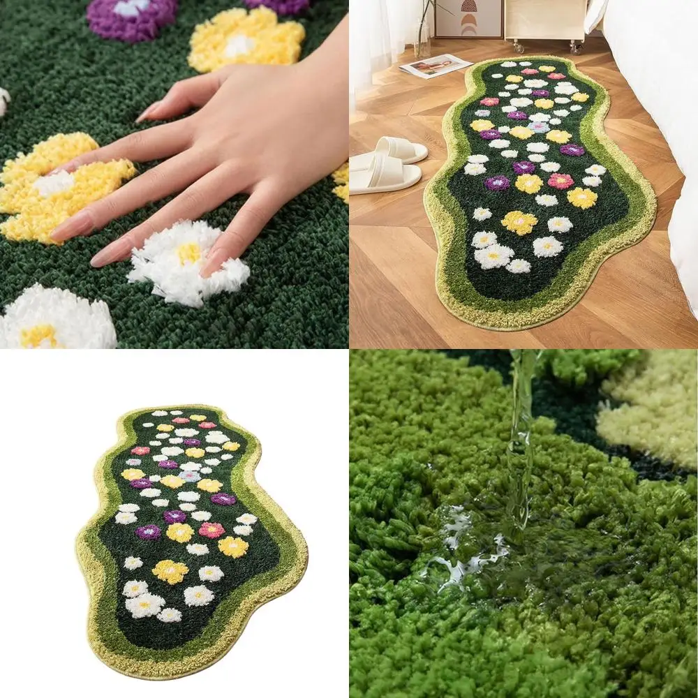 

Cute Flower Green 3D Moss Bathroom Rugs Shaggy Tufted Non Slip Machine Washable Bath Mat Moss Runner Carpet for Bathroom Shower