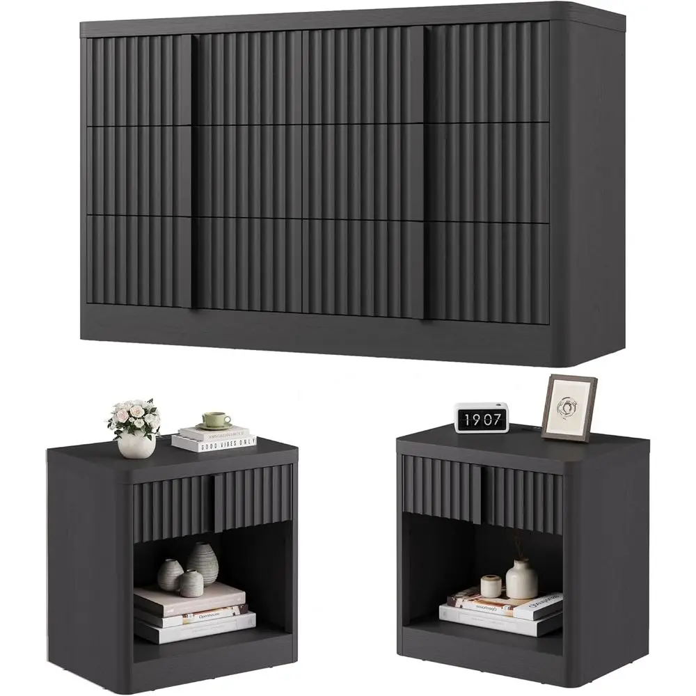 

luted Drer and Nightstand 3-Piece Bedroom Set, 47" Wide 6-Der Drer and 2 o Nightstands with Charging Station, Curved Proile Desi
