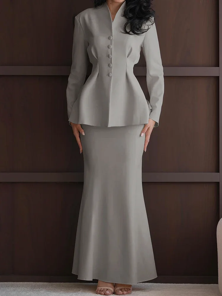 EOENKKY Office Blazer 2-Piece Set Women Single Breasted Ruffle Coat+Peach Hip Trumpet Skirt Matching Elegant Commute Outfits