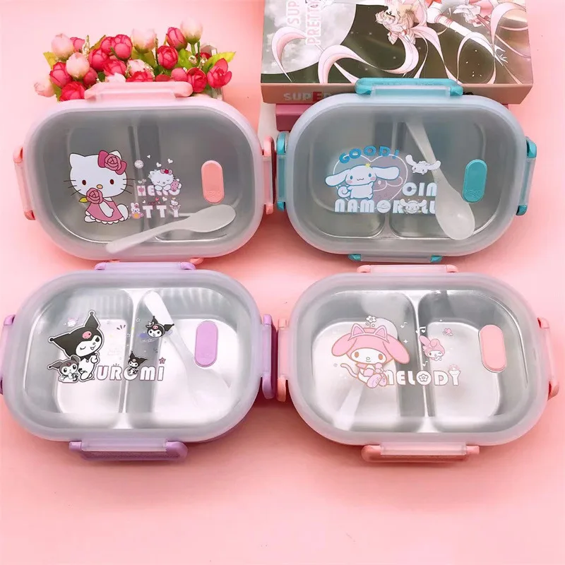 La nouvelle boîte à lunch portable universelle à compartiments en acier inoxydable Hello Kitty de Sanrio, mignonne et stylisée, pour les employés de bureau et les étudiants.