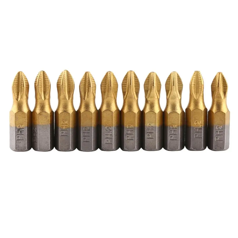 10PCS Titanium Coated PH2 Magnetic S2 Screwdriver Bits Set - 1/4 Hex Shank, 25mm Length, Antislip