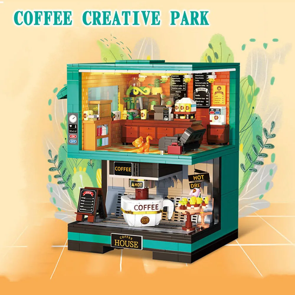 Creative City Street View CoffeeMaker Mini Block Coffee Shop Machine Model MOC Building Brick Cafe Assemble Figure Toy For Gift