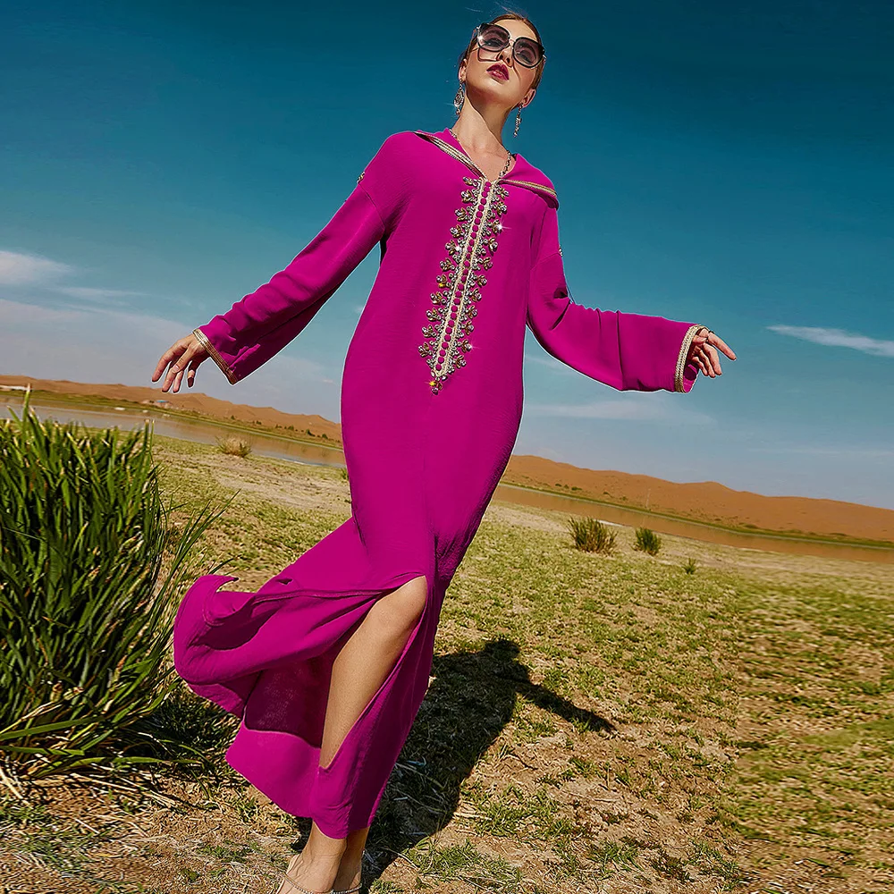

Rose red with hat Middle East Morocco Dubai style hand-sewn diamond robe long dress temperament classic luxury women's new
