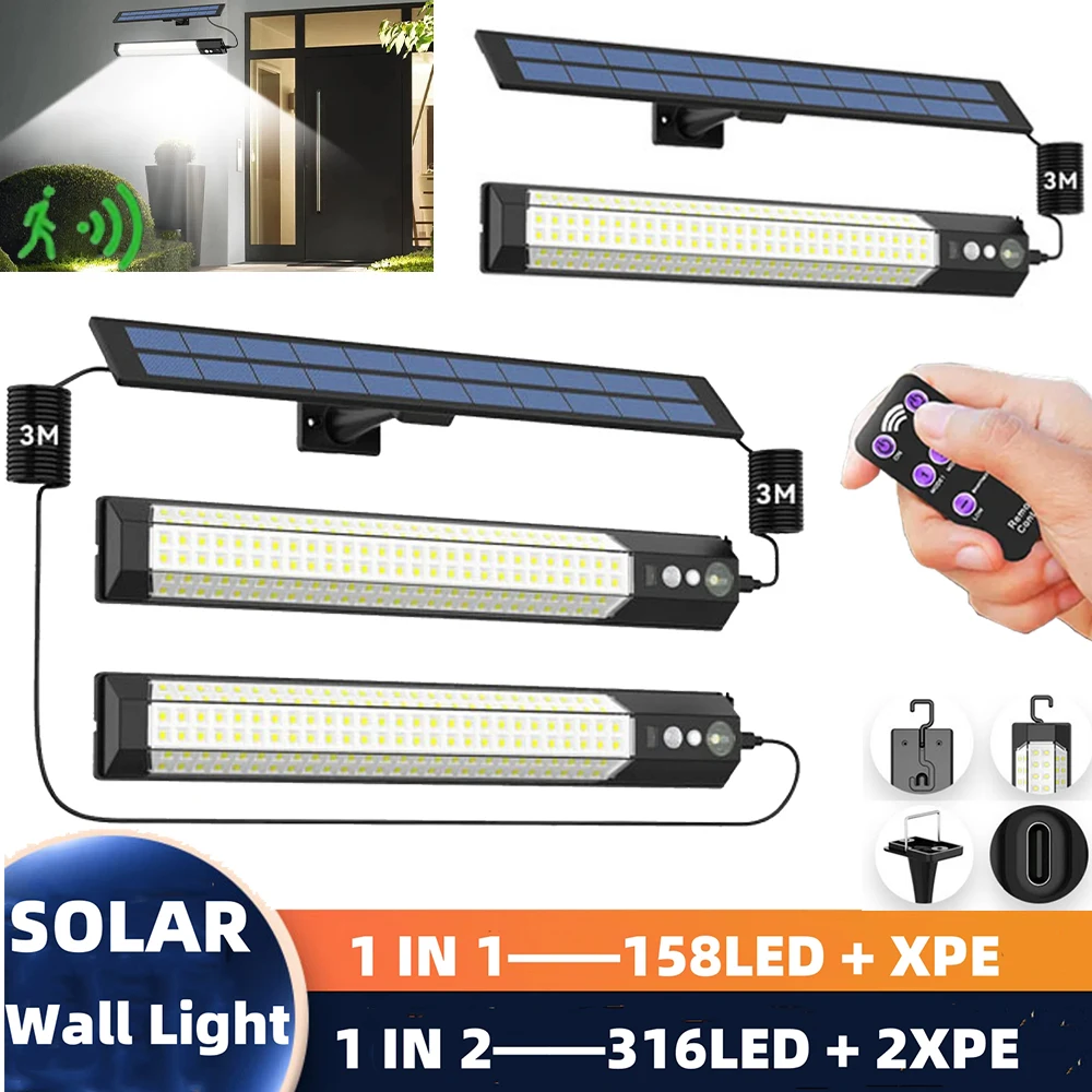 

Светодиодный настенный светильник с датчиком движения на солнечной энергии, водонепроницаемый, 158316, светодиоды/м, 3 режима, пульт дистанционного управления, кемпинговый бар, балкон, сад, наружное освещение