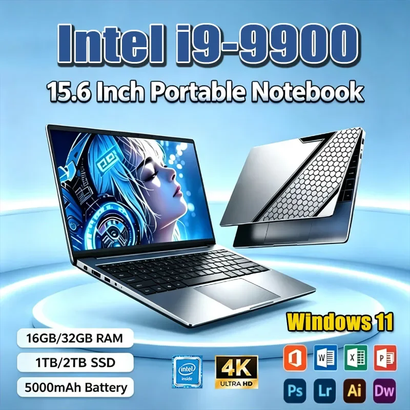 2026 15.6 Ultra Slim Laptop Intel Core I9-9900 16GB RAM 1/2TB SSD Windows 11 Fingerprint Unlock Office Game Backlight Laptop