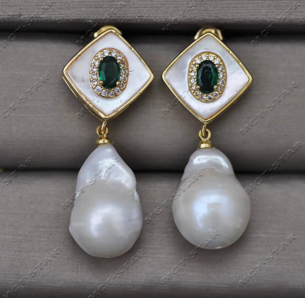 Set 18mm Baroque White Keshi Pearl Shell Emerald CZ Earring Pendant Custom Jewelry (Z13279 )