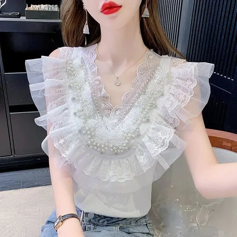 

Новые летние шикарные топы, милая рубашка без рукавов, элегантная блузка с v-образным вырезом, кружевная блузка с оборками и бисером, женская одежда 2025