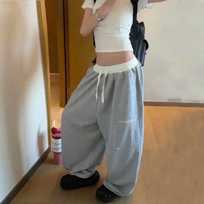 Grey Retro Fashion Hip-Hop Sweatpants Women American Casual Oversized Streetwear Baggy Loose High Waist Wide-Leg Jogging Pants