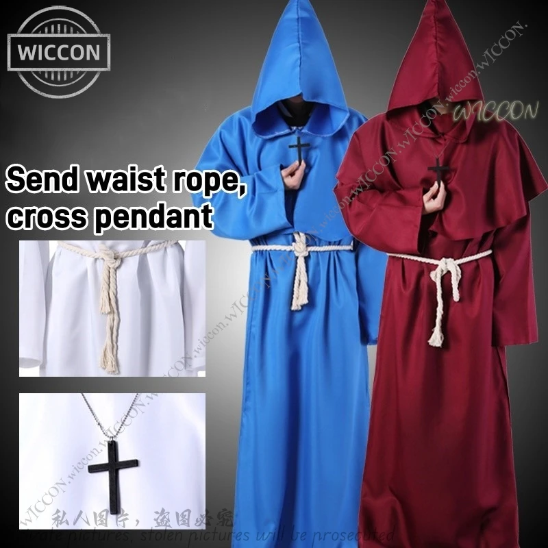 Wizard Halloween Costume Cosplay Medieval Hooded Robe Monk Friar Robes Priest Costume Ancient Costume Clothing Christian Suit