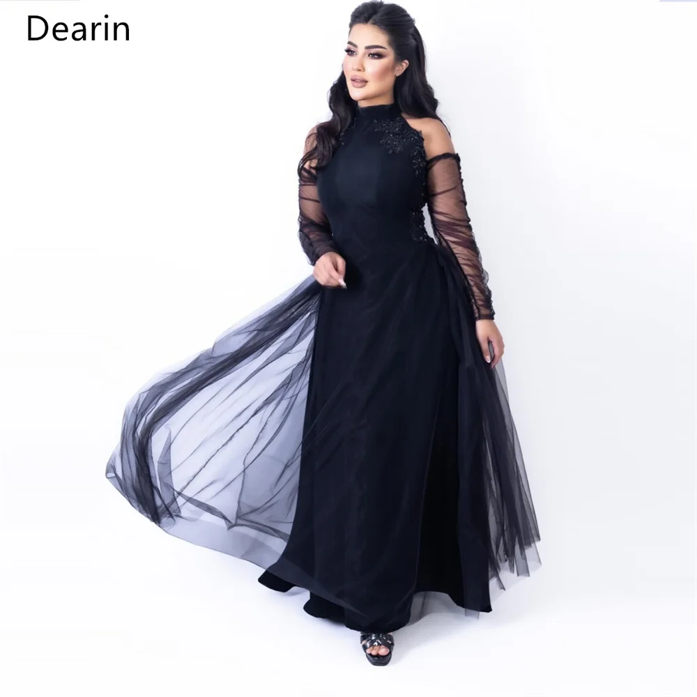 

Customized Formal Gown Evening Prom Dress Dearin Scoop Neckline A-line Floor Length Skirts Draped Layered Tulle Applique Bespoke