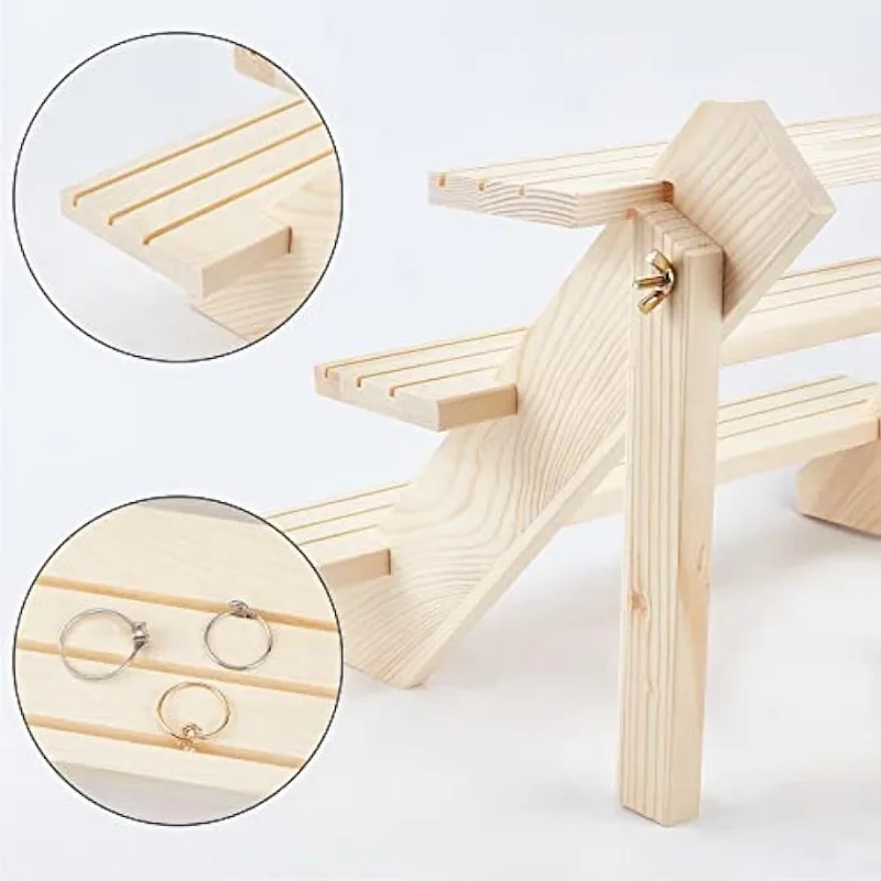 3-Tier Log Retail Earring Display Riser, Earring & Ring Holder Detachable Unfinished Wood Retail Jewelry Card Display Stand