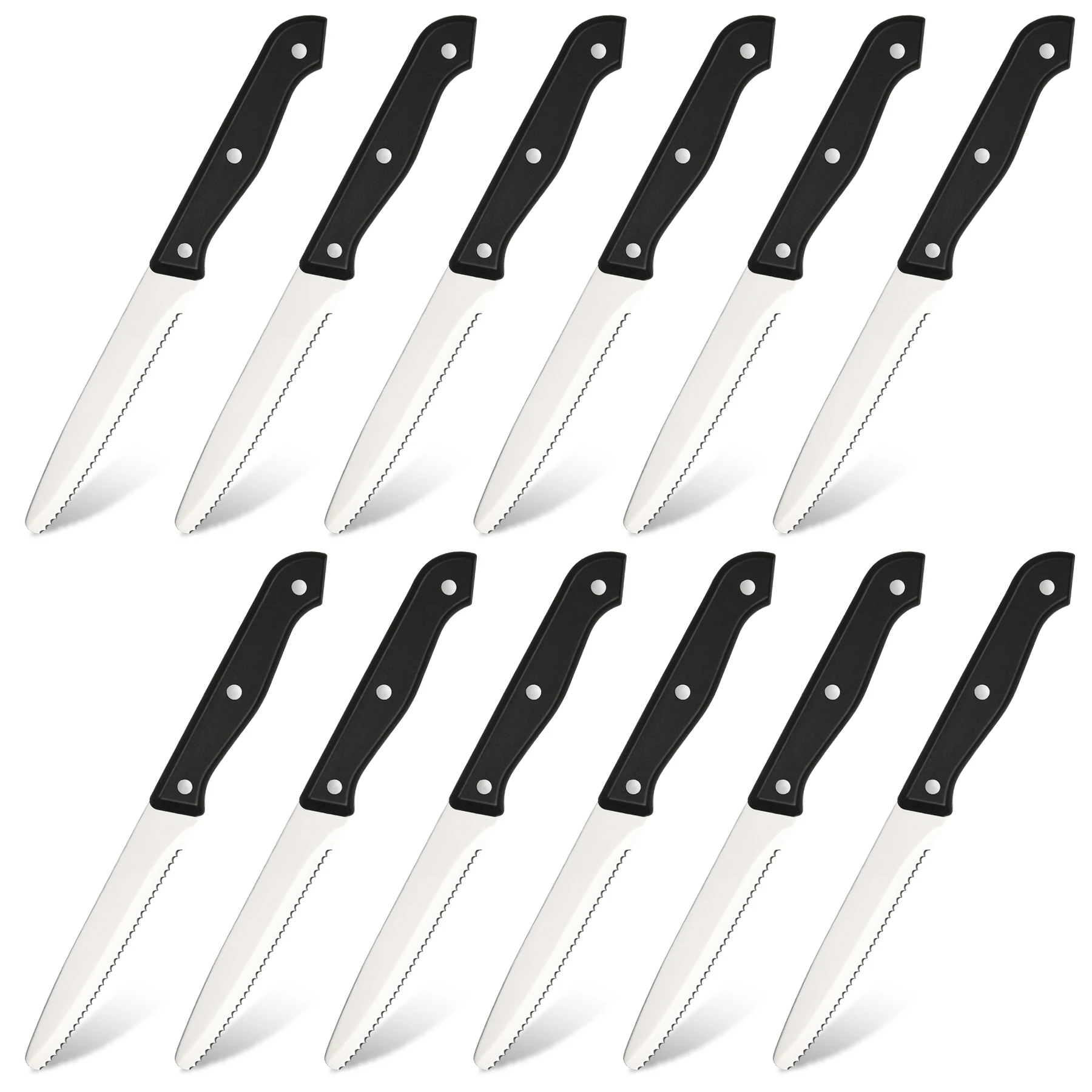 Katisun 12 Pcs 4.5 Inch Round Tip Serrated Steak Knife Set POM Triple Rivet Handle Dishwasher Safe Home Restaurant