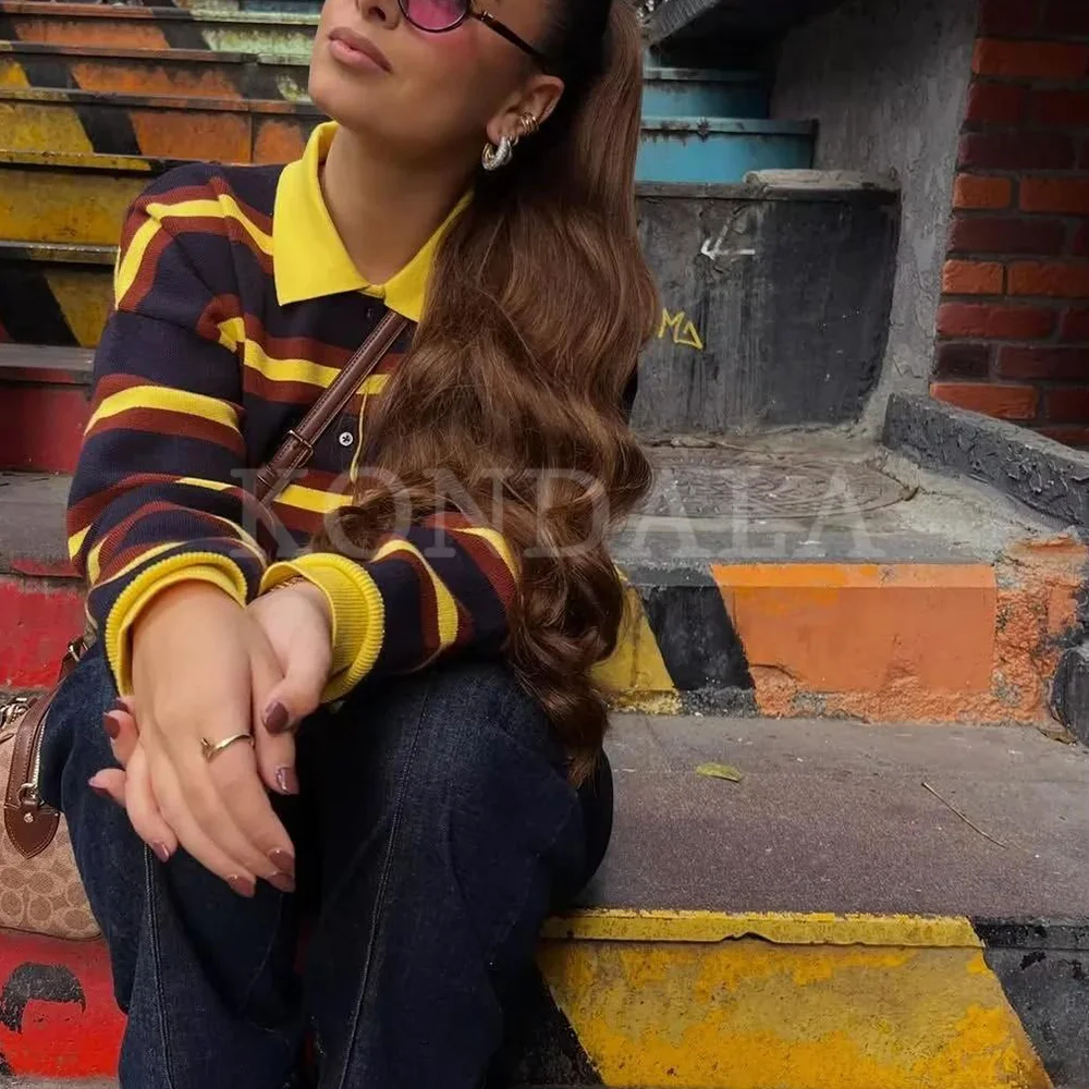 KONDALA 2025 automne hiver Streetwear tricoté femmes POLO mode élégant rayé pull dames POLO chemises