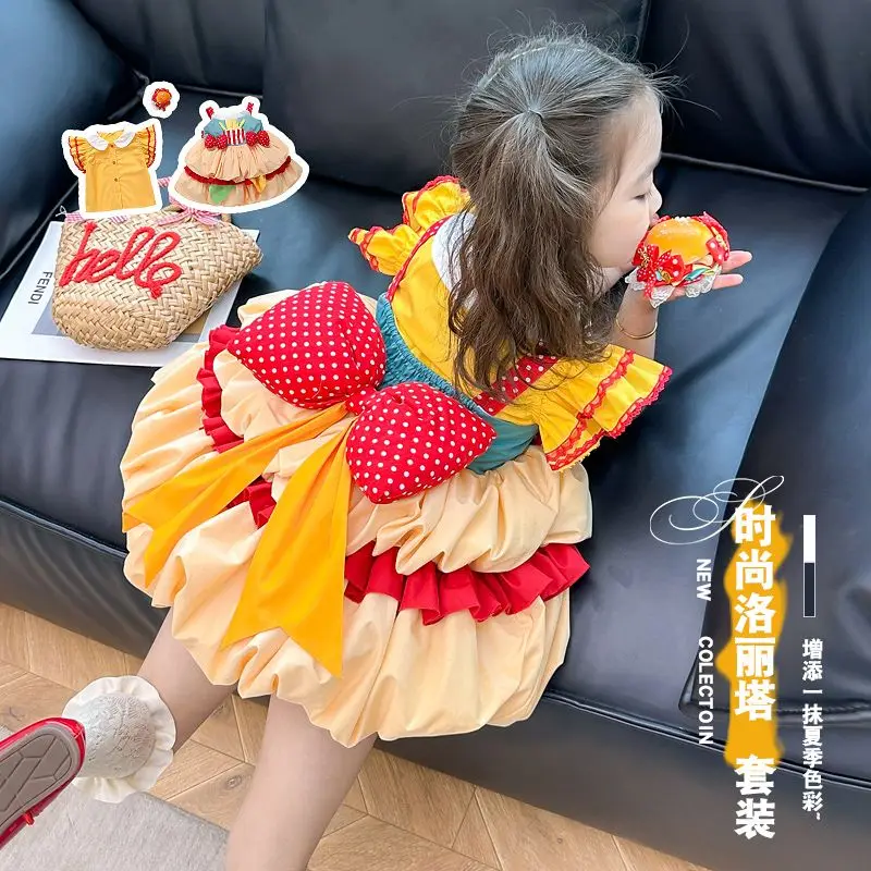 Estate Lolita Ball Gown Sweet Cute Girls camicie per bambini + bretella 2 pezzi abiti Bow Dress Princess Birthday Party abbigliamento per bambini