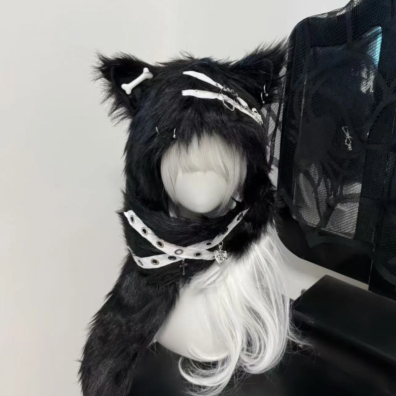 Punk Black Fox Ears Beanies Hat Women's Winter Thickened Warm Scarf Landmine  Faux Fur Cute Animals Performance Cosplay Props