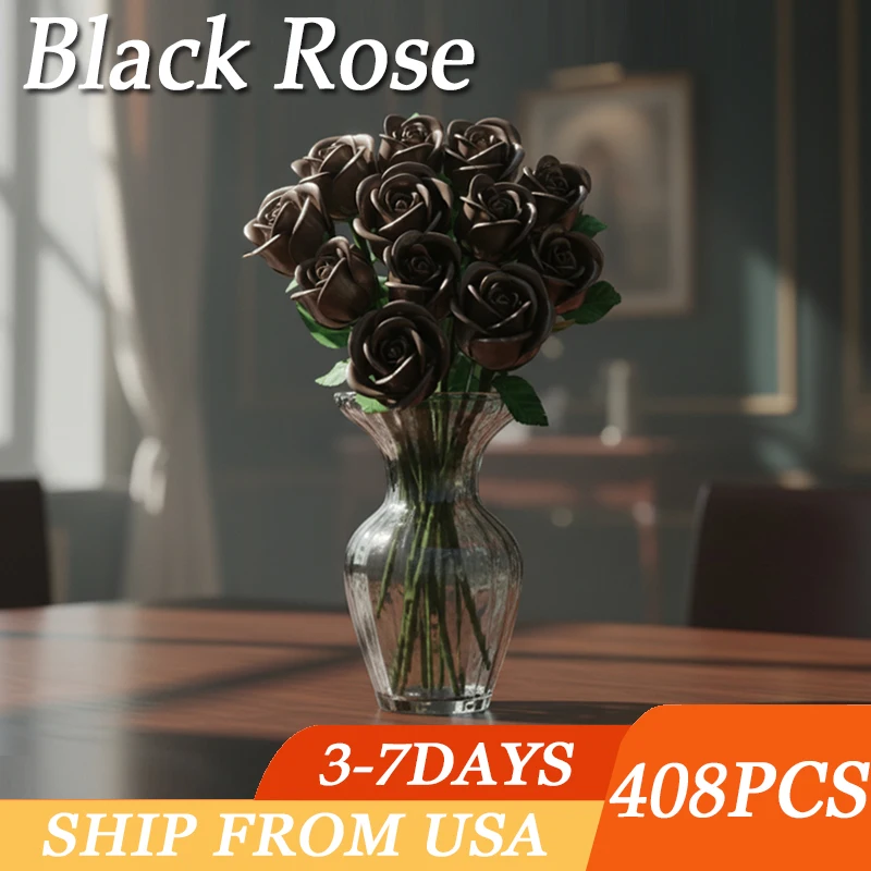

Twelve Black Rose Bouquet Building Blocks Artificial Flowers Kit Gothic Retro Botanical Home Decor For Christmas Halloween Gifts
