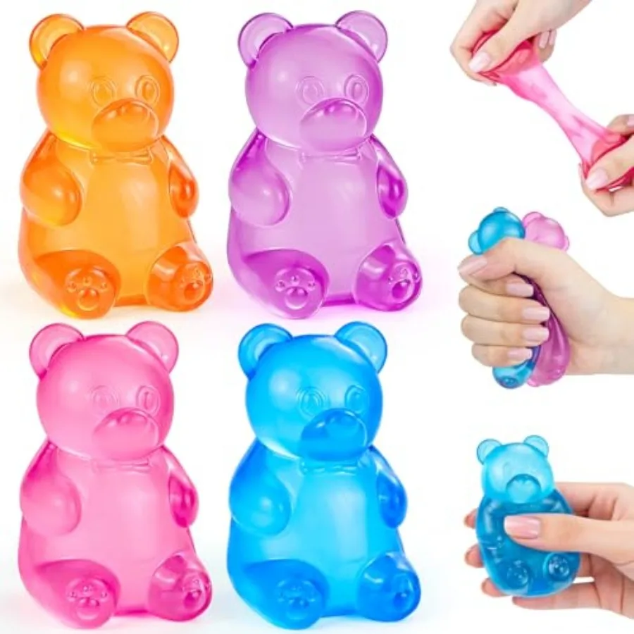 4 Pack Gummy Bear Squishy Toys, Slow Rising Stress Relief Squeeze Toys, Cute Fidget Toys for Adults, Party Favors and Gifts