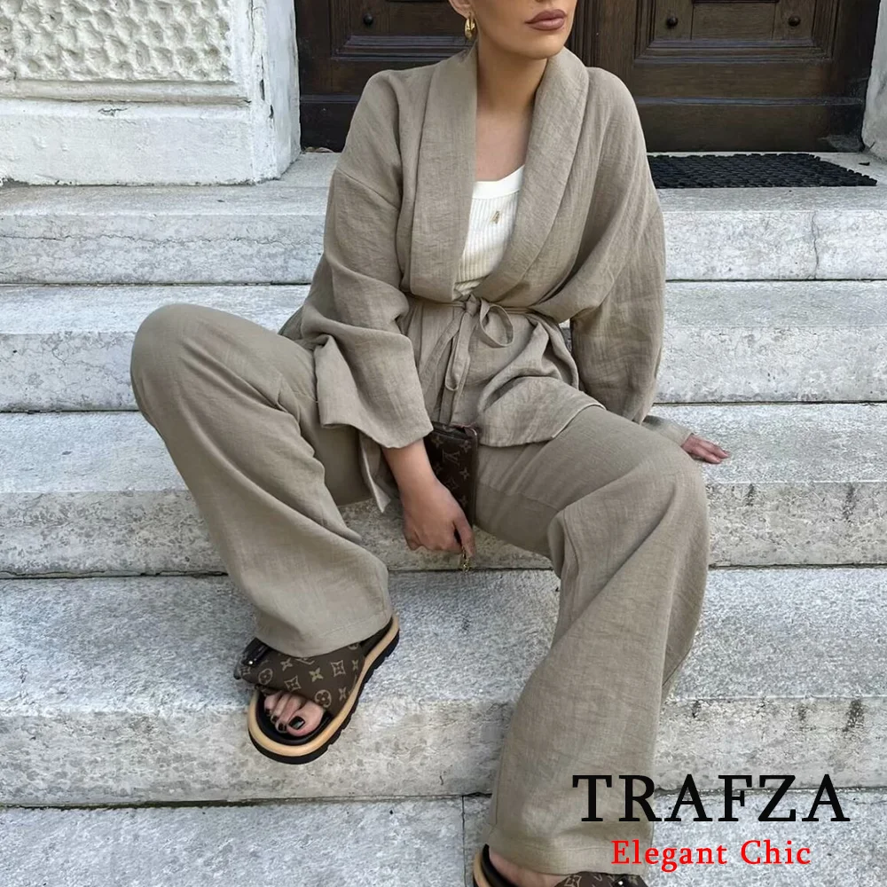 TRAFZA Casual Solid 2 Piece Women Set Fashion 2024 Summer Texture Long Sleeve Kimono-Style Outerwear+Pajama Pants NightWear Suit