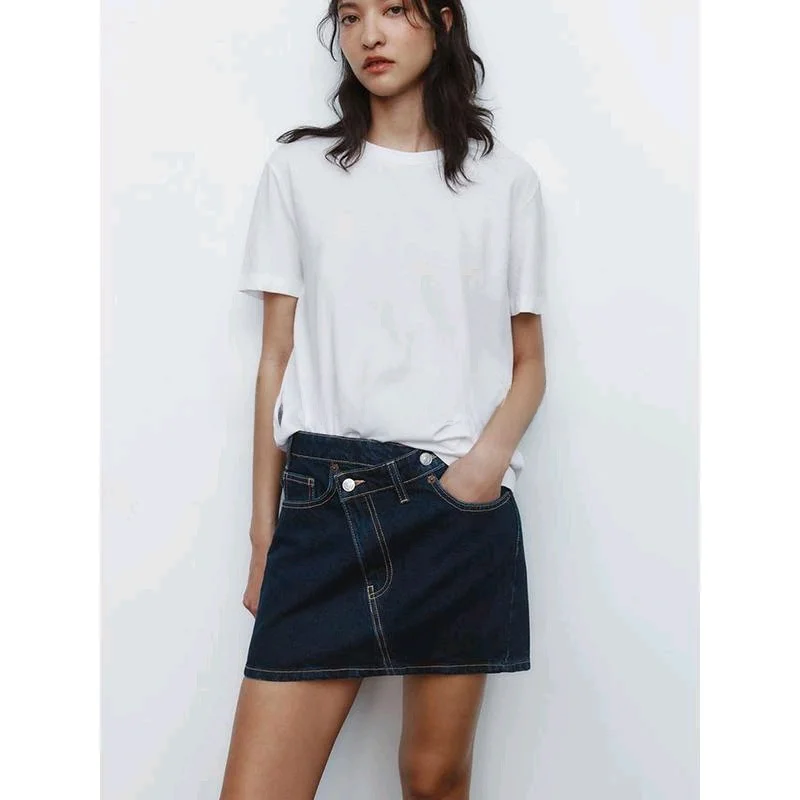 Spring New Arrival Women's Casual Denim  Skirt mid Waist A-Line ort Skirt Vintage Sle Pure Color Polyester Fiber