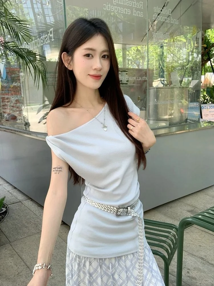 Elegant Summer 2 Piece Set for Women Asymmetrical Neckline Blouse Plaid Skirt Slim Fit​