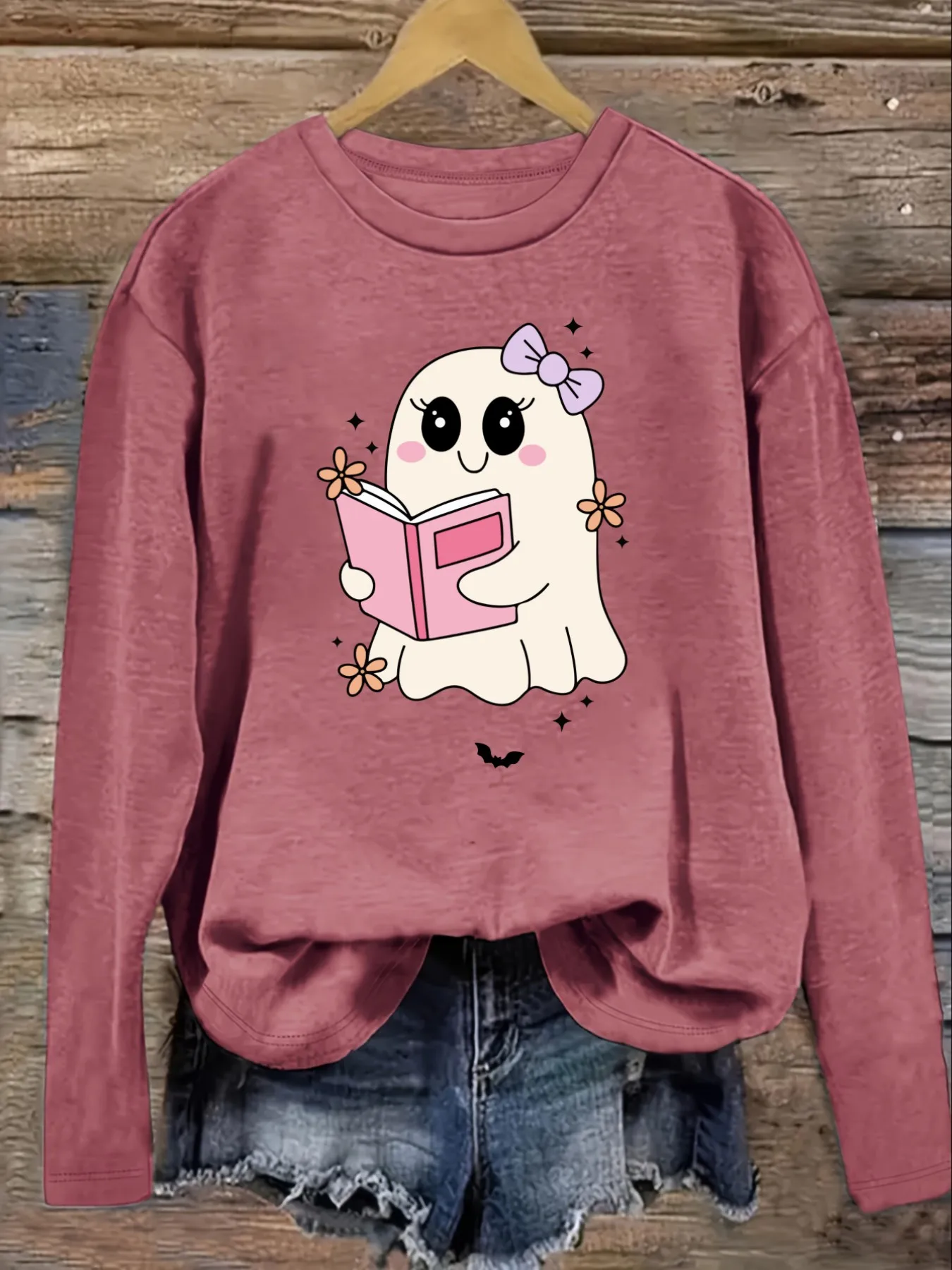 Women's Casual Long Sleeve Crew Neck T-Shirt Cute Ghost Reading Pink Book Design, Round Neck Women's Clothing, Machine Washable, Slightly Elastic, Loose Fit, Spring Autumn Winter Women's T-Shirt, Halloween Costume Outfit view 3
