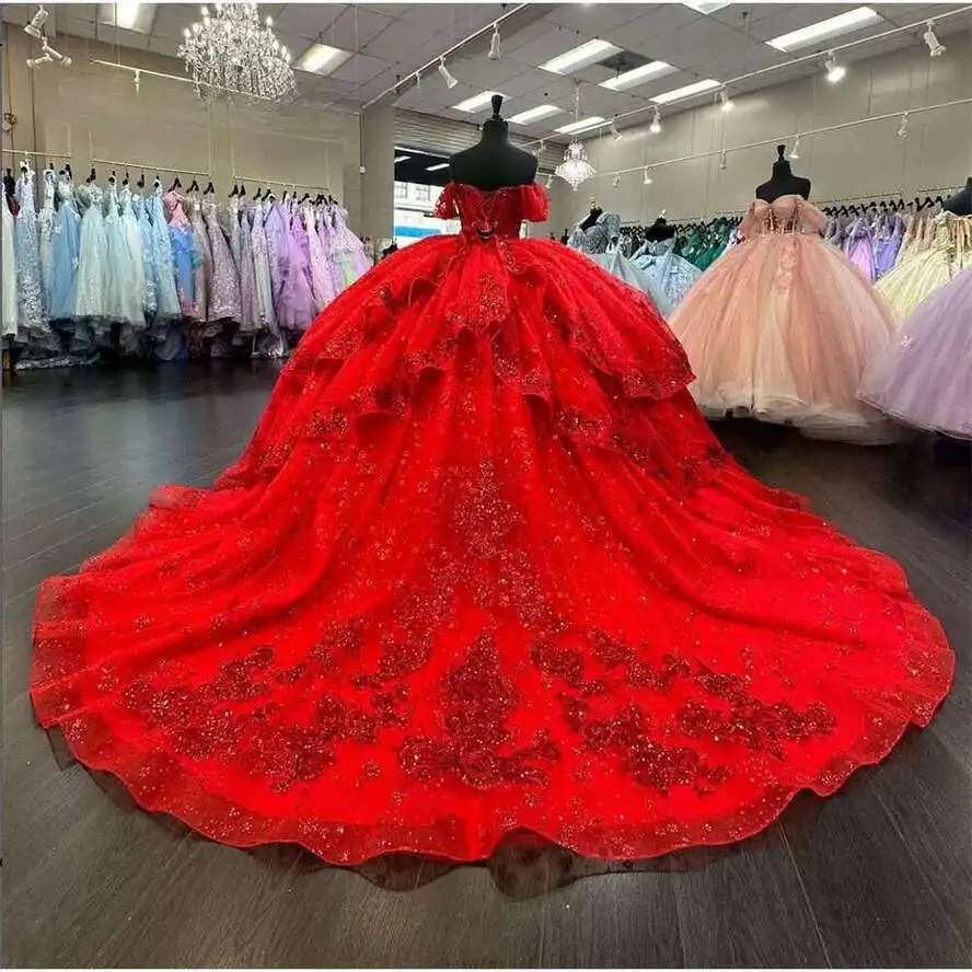 

Mexico Red Off The Shoulder Quinceanera Dress Beaded Appliques Tiered Princess Ball Gown For Sweet 16 Birthday Party Robe De Bal