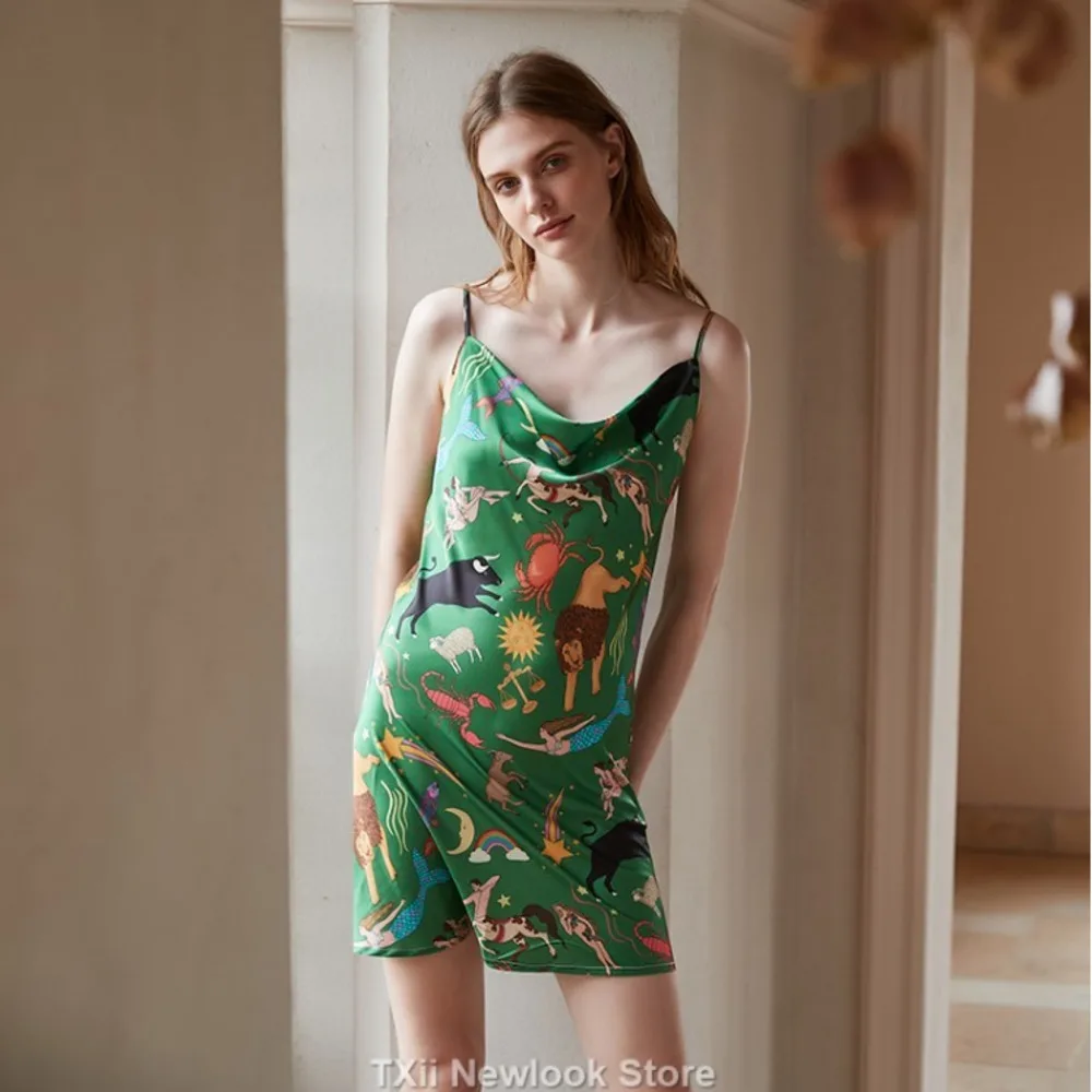 Green Constellation 2023 New Style Pajamas Women's Autumn Ice Silk Long Sleeve Nightgown Spring and Autumn Thin Printed Bathrobe