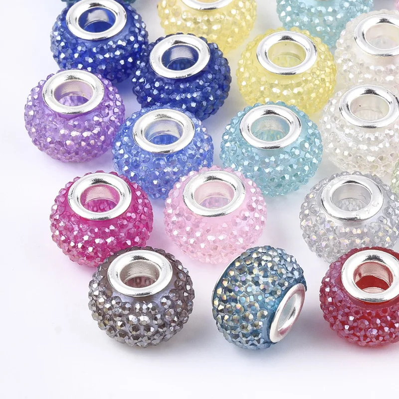 100pcs Resin Rhinestone European Beads Large Hole Brass Double Cores, AB Color, Rondelle Berry Beads for Jewelry Making 14x10mm