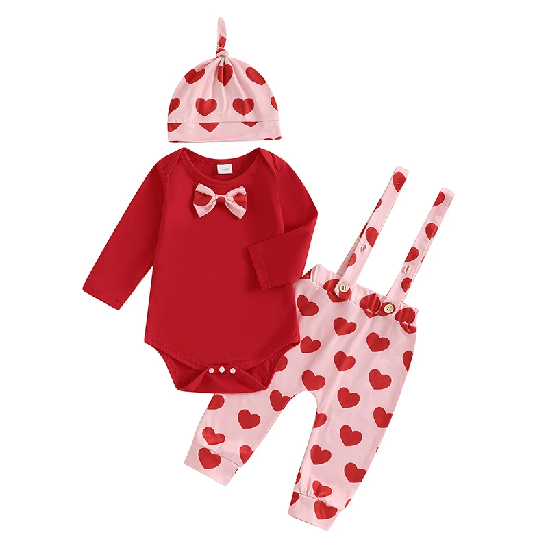 Baby Boys Valentine’s Day Outfits Long Sleeve Romper Suspender Pants Hat Set Infant Clothes