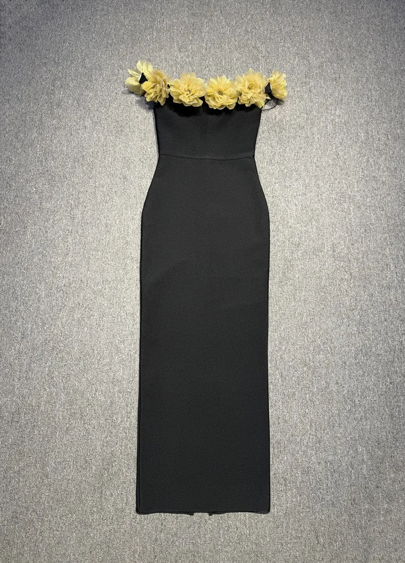 Gold Florals Frauen Sexy Slash Neck Weg Von der Schulter Bodycon Verband Langes Kleid Feiern Nachtclub Party Geburtstag Tragen