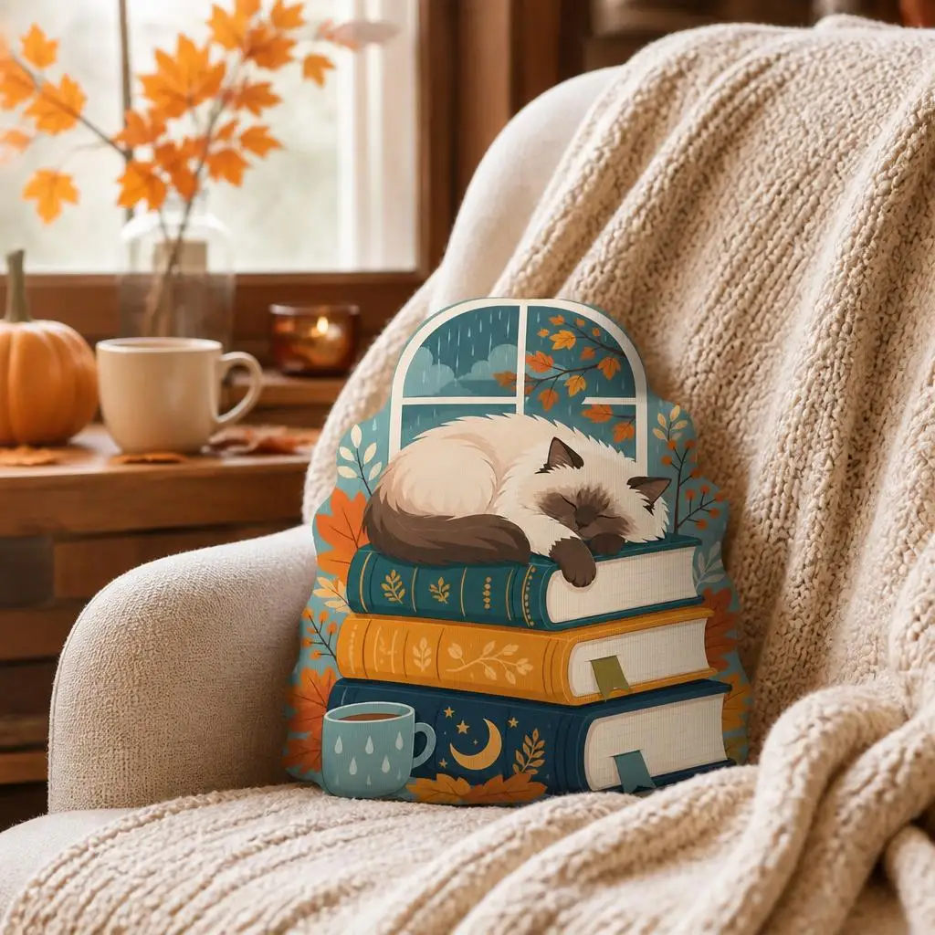Rainy Day Reading Cat Pillow Book Lover Cushion Autumn Library Shaped Stuffed Throw Pillow Home Decor Cozy Literary Gift