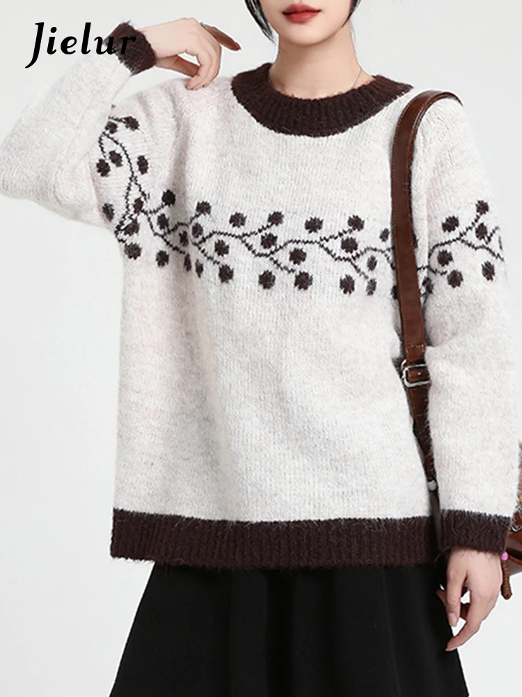 

Autumn Fashion O-Neck Basic Long Sleeves Vintage Female Pullovers New Contrast Color Loose Soft Knitted Sweater Women Pullovers