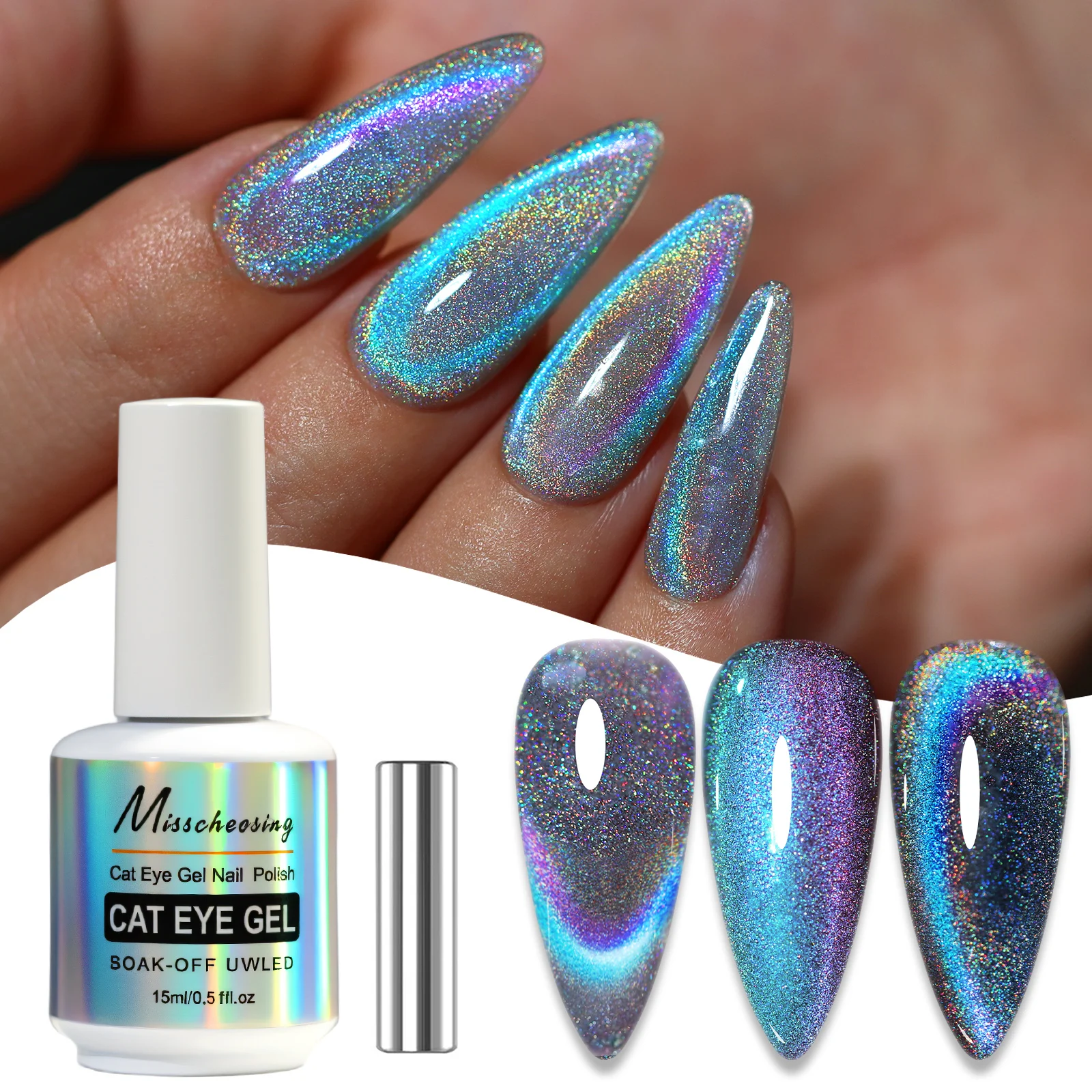 

15ml Holographic Glitter Cat Eye Gel Nail Polish, UV/LED Lamp Curable, Long-Lasting And Durable, Comes With a Nail Art Magnet.