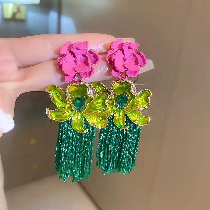 Fashionable New Flower Exaggerated Long Tassel Earrings