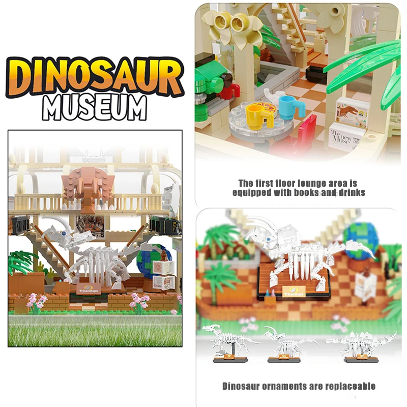 Creative Dinosaur Fossils Museum Triceratops Model Building Blocks T Rex Dino Ornament Display Mini Bricks MOC Toy Children Gift