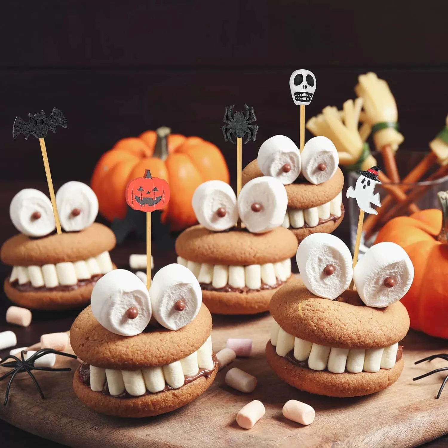 10PCS Plastic Halloween Toothpicks Halloween Cupcake Topper Ghost Bat Spider Fruit Toothpicks Halloween Party Cake Decorations