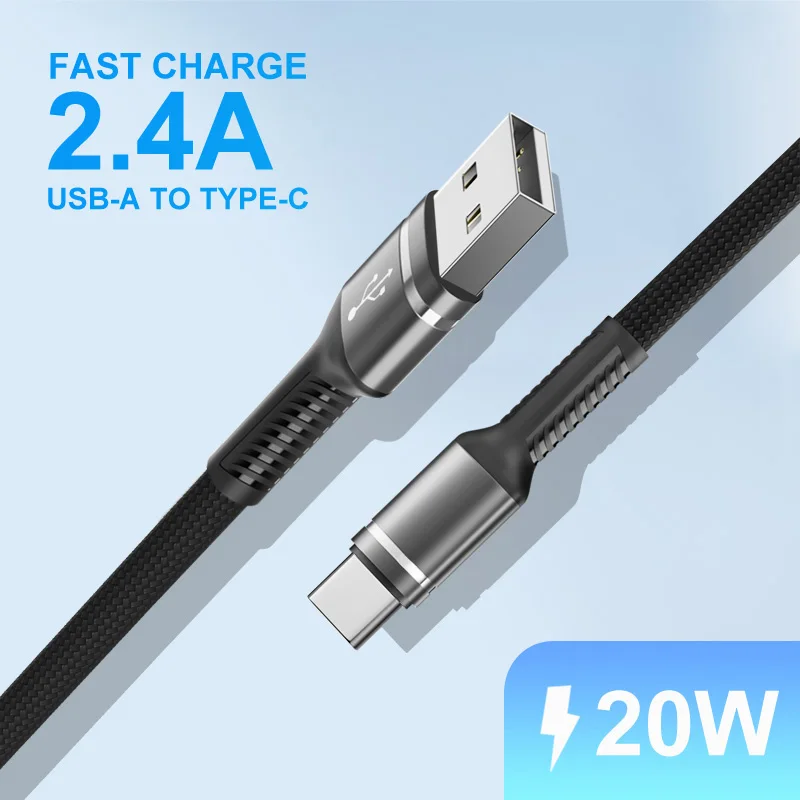 كابل USB A إلى النوع C خط مضفر من النايلون الأسود لهاتف آيفون 17 16 15 برو ماكس سامسونج سلك شحن سريع سلك شاحن 2.4A Qucik