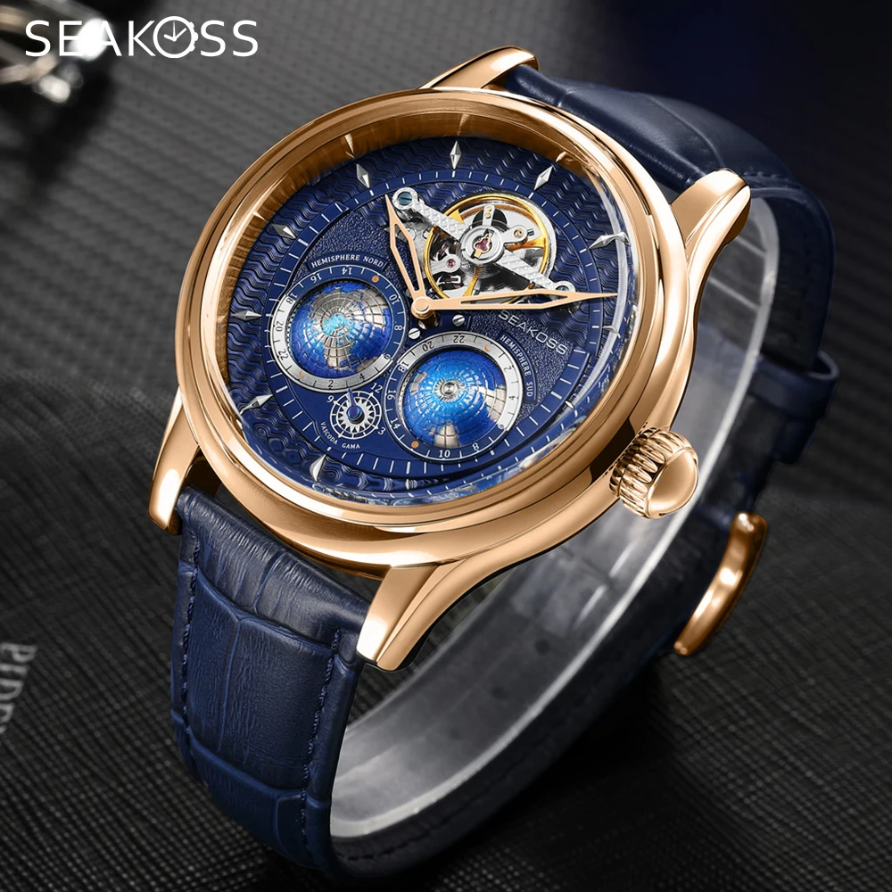 SEAKOSS شمال جنوب نصف الكرة الرجال ساعات أوتوماتيكية الدورية المزدوج الأرض حزام من الجلد الذكور ساعات المعصم الميكانيكية الموضة