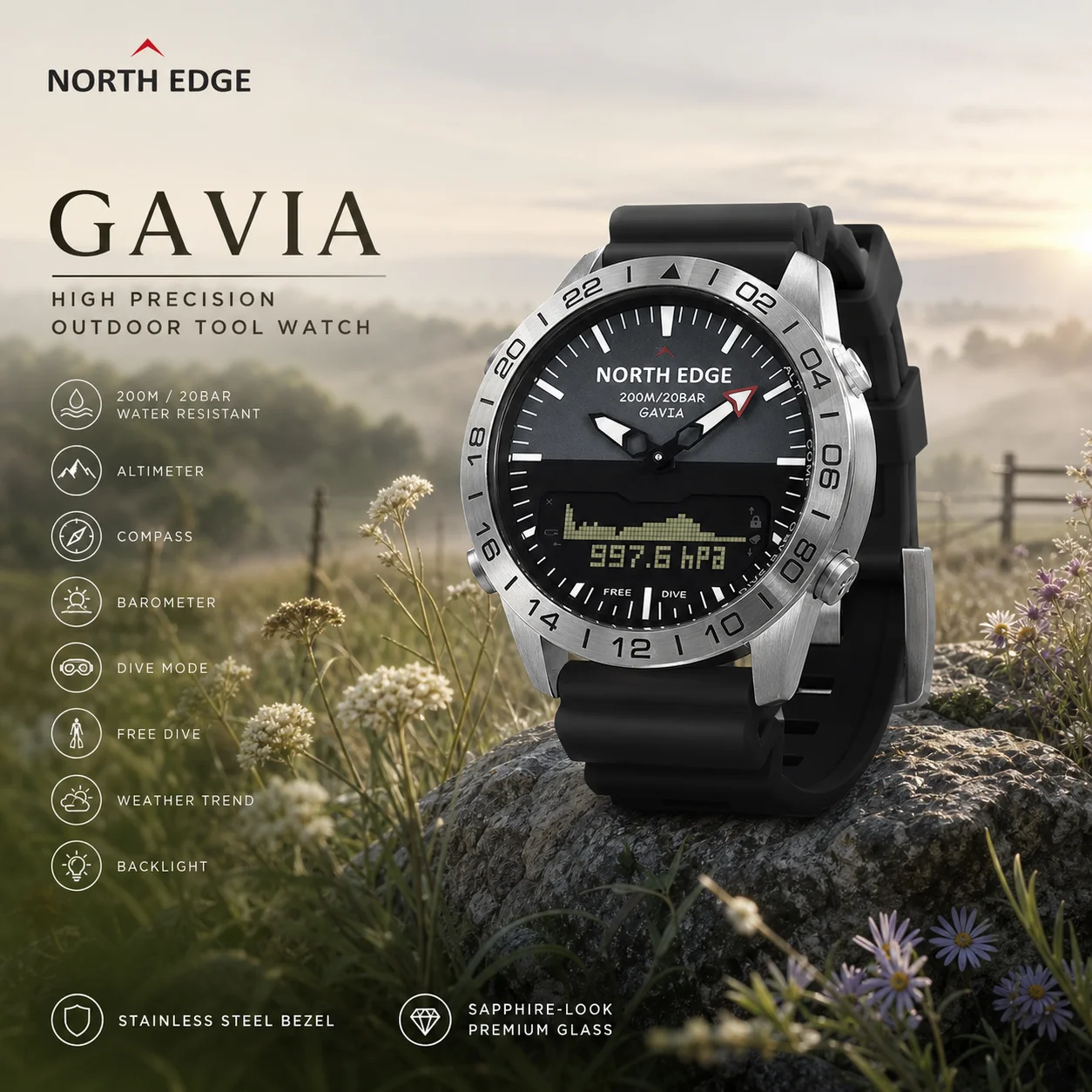 Smartwatch Army Watches For Men - NORTH EDGE Mens Dive Watch Military
